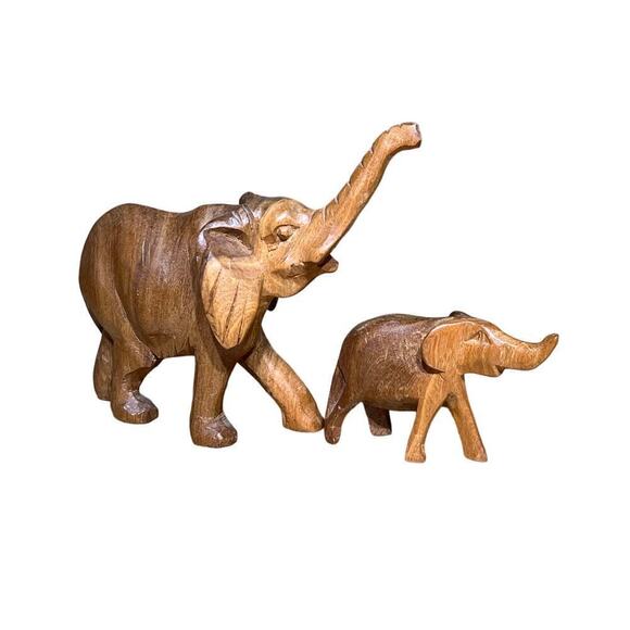 2 Hand Carved Wooden Elephant figures. Mom & baby. Shelf Decor. African Animals - Picture 1 of 8